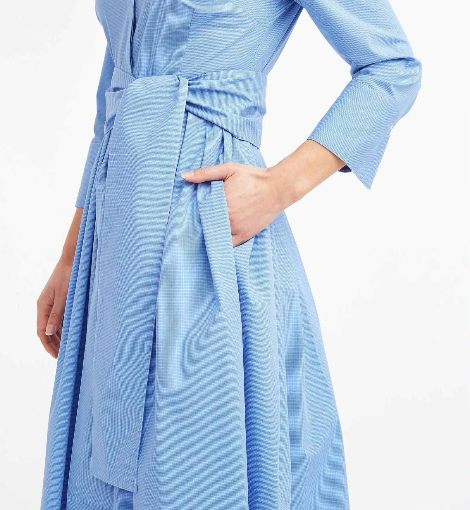 DARA PLEATED SKIRT COLLAR DRESS WITH SASH IN ITALIAN COTTON STRETCH