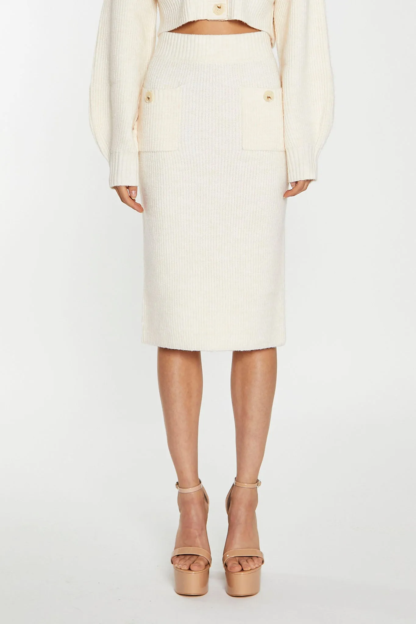 Dark-Cream Knitted Pencil Midi-Skirt