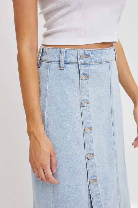 Denim Side Button Midi Skirt