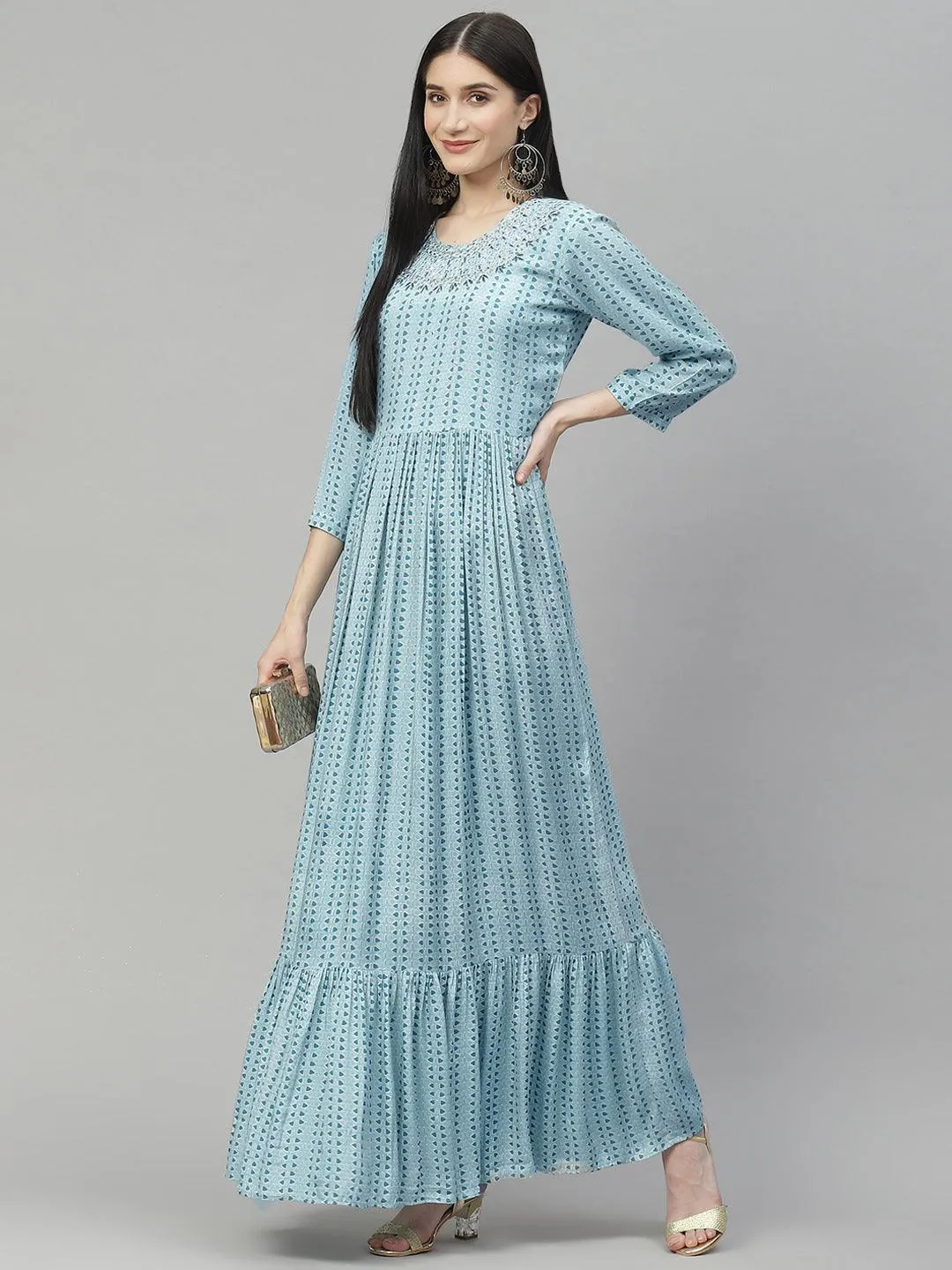 Divena Blue Muslin Flared Gown