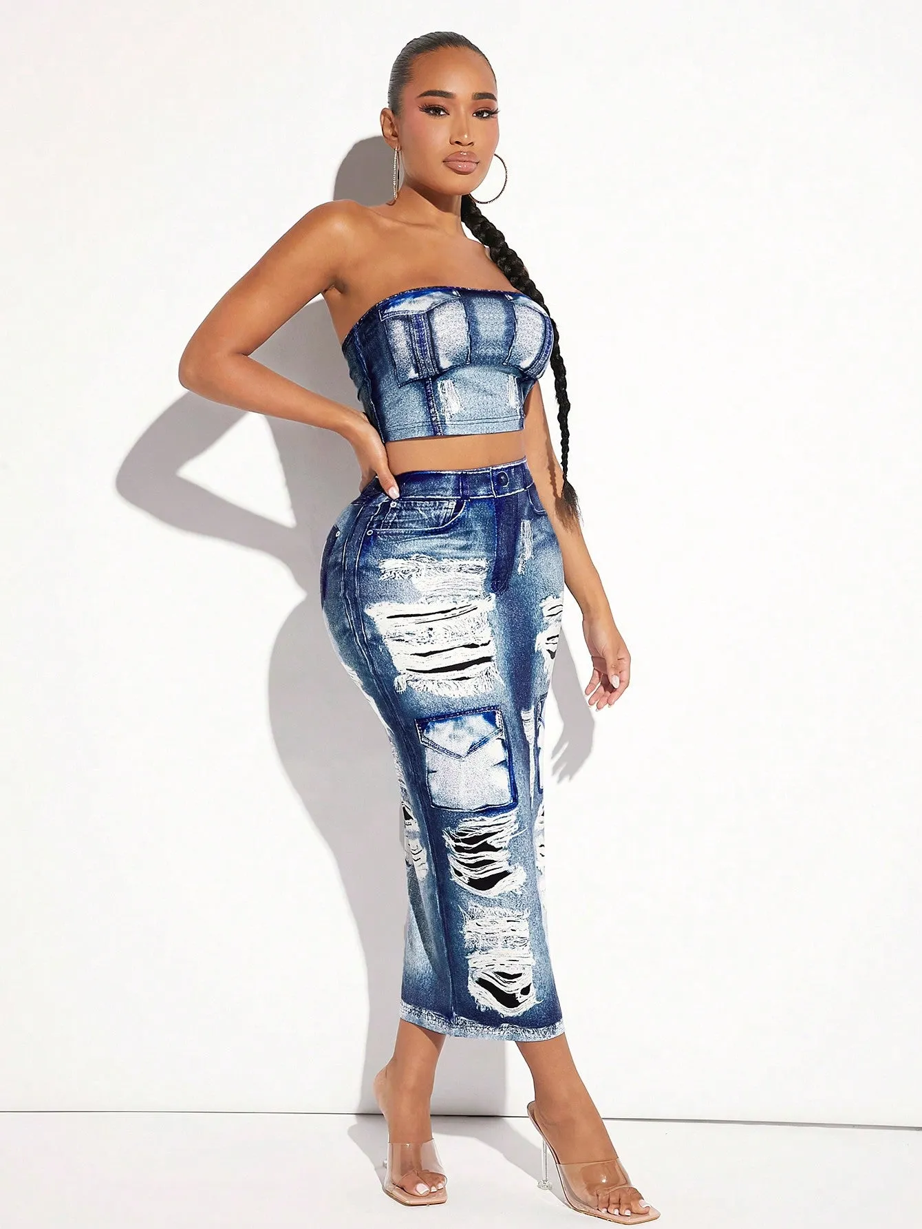 Faux Denim Pattern Tube Top Pencil Skirt Set