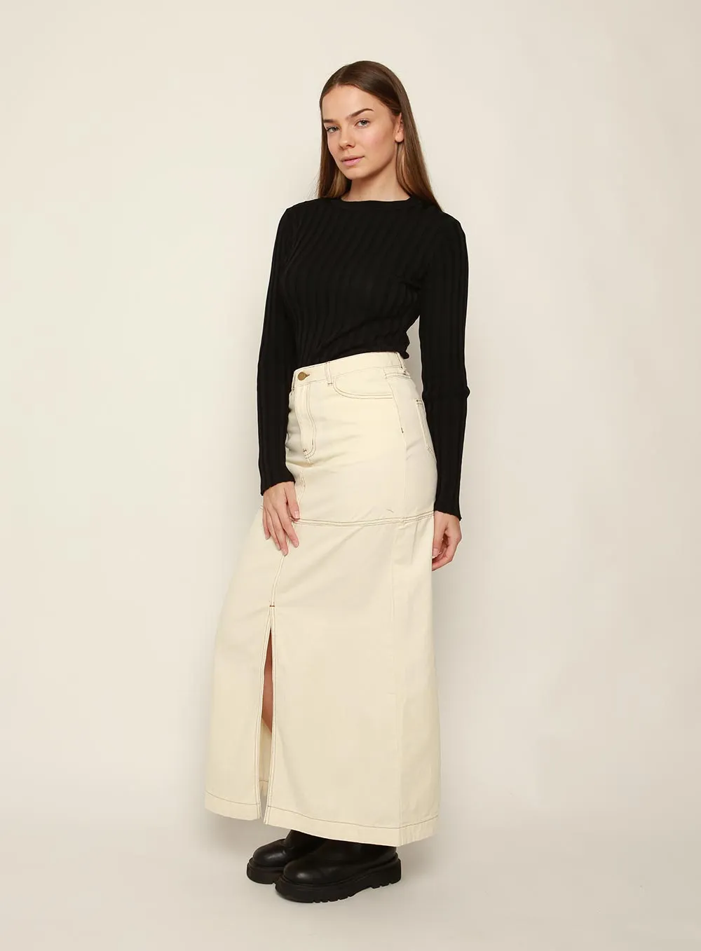 Flora Midi Denim Skirt-IVORY