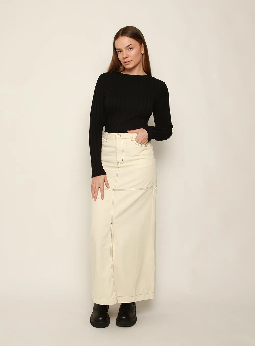 Flora Midi Denim Skirt-IVORY