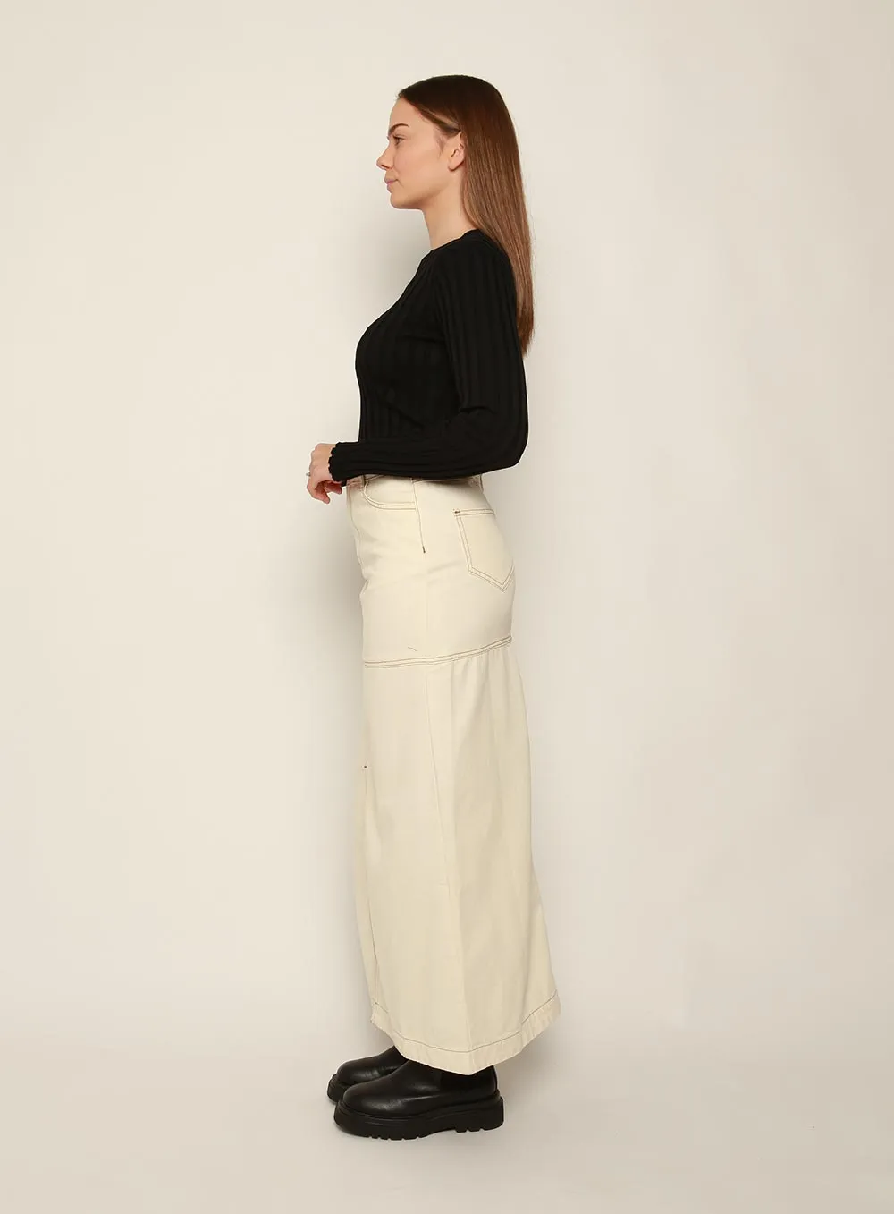 Flora Midi Denim Skirt-IVORY