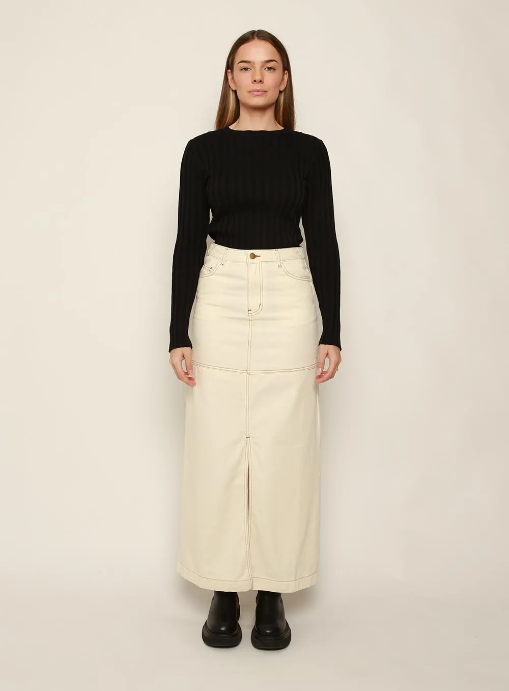 Flora Midi Denim Skirt-IVORY