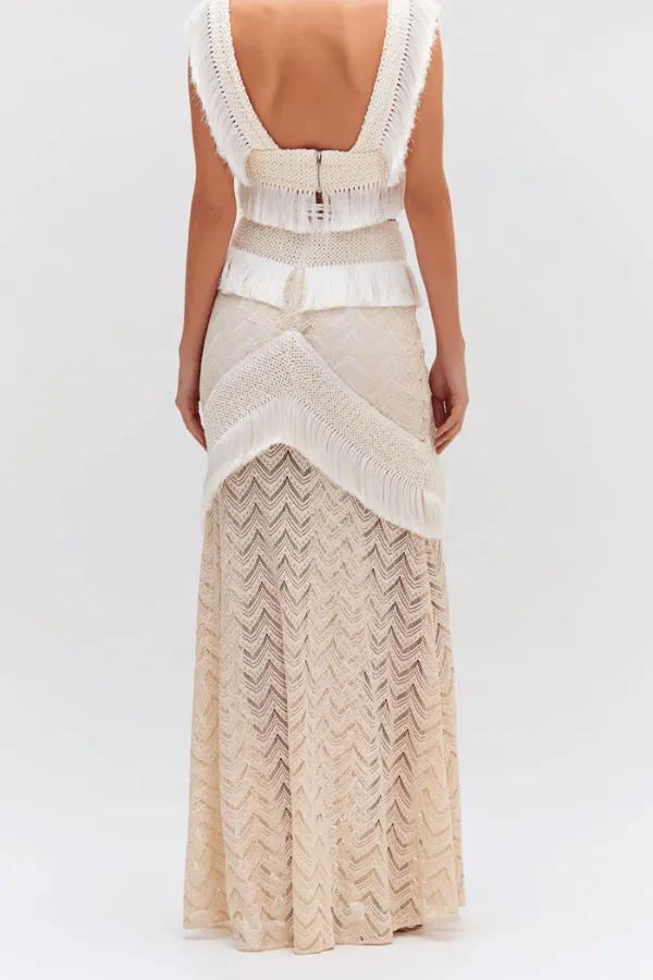 Fringe Trim Maxi Skirt Sandstone