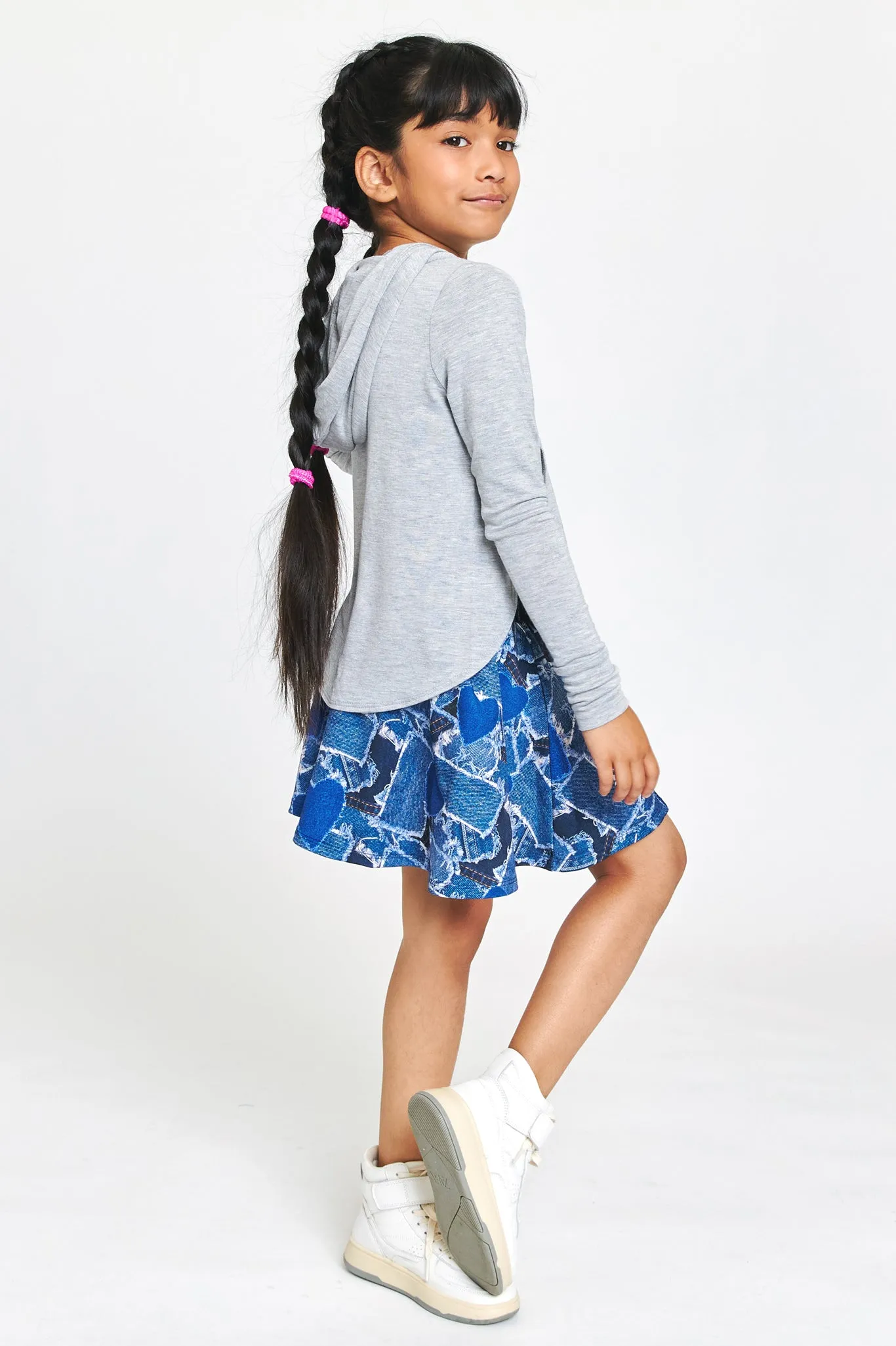 Girls Skater Skirt in Denim Heart Patchwork