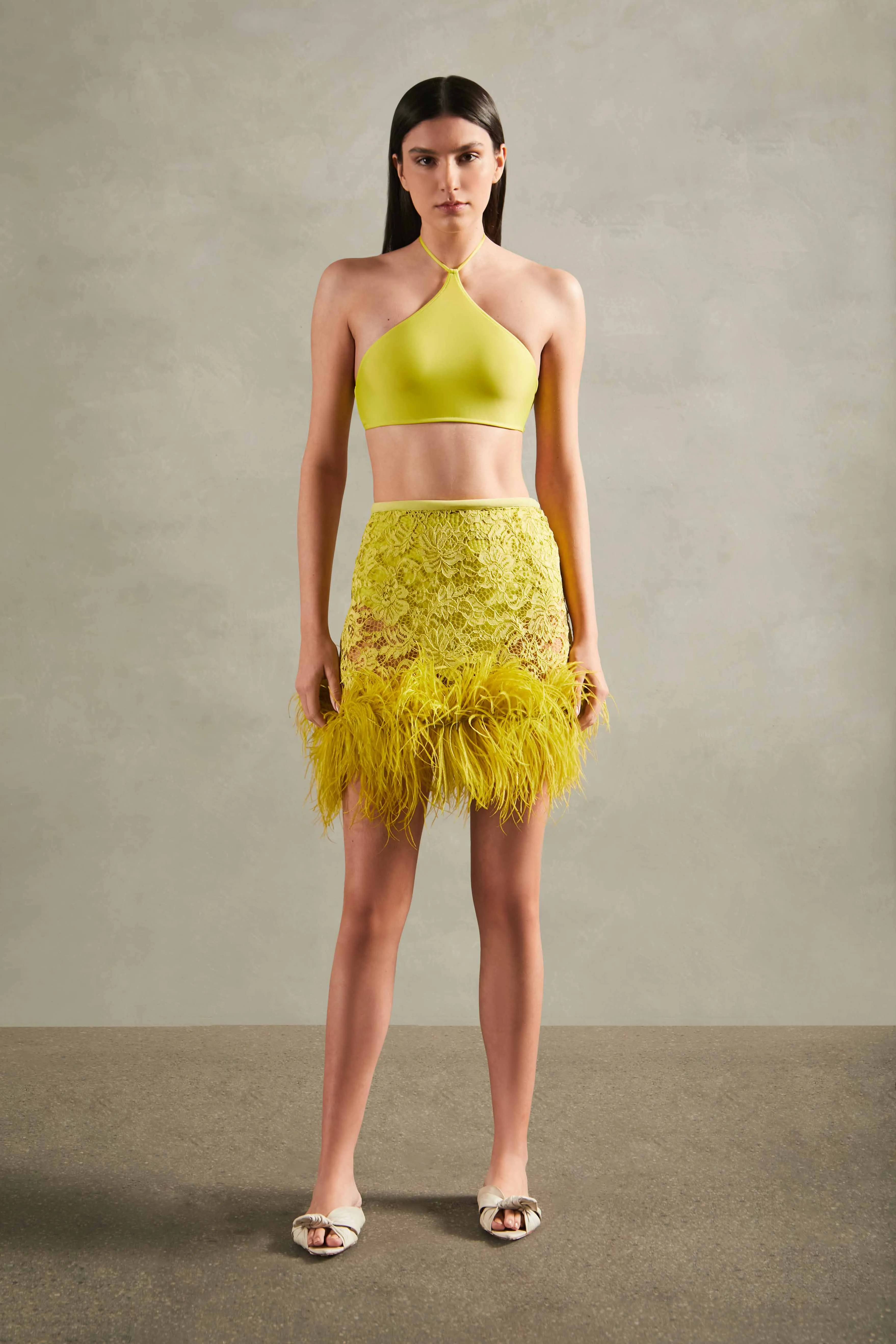 Guipure Lace Feathered Mini Skirt