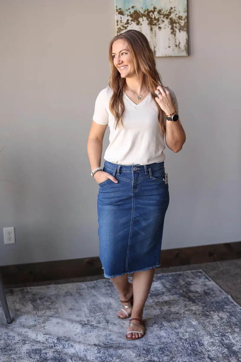 Indie Belted Midi Denim Skirt