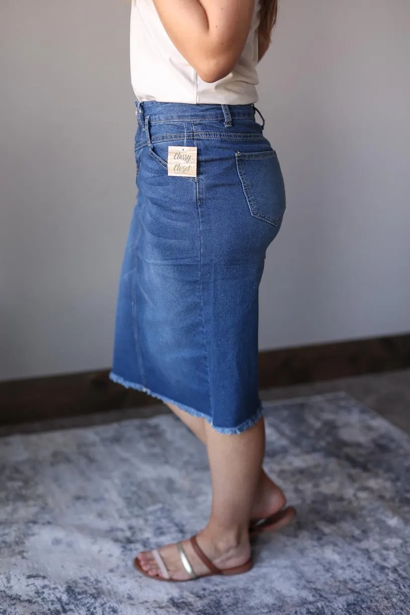 Indie Belted Midi Denim Skirt