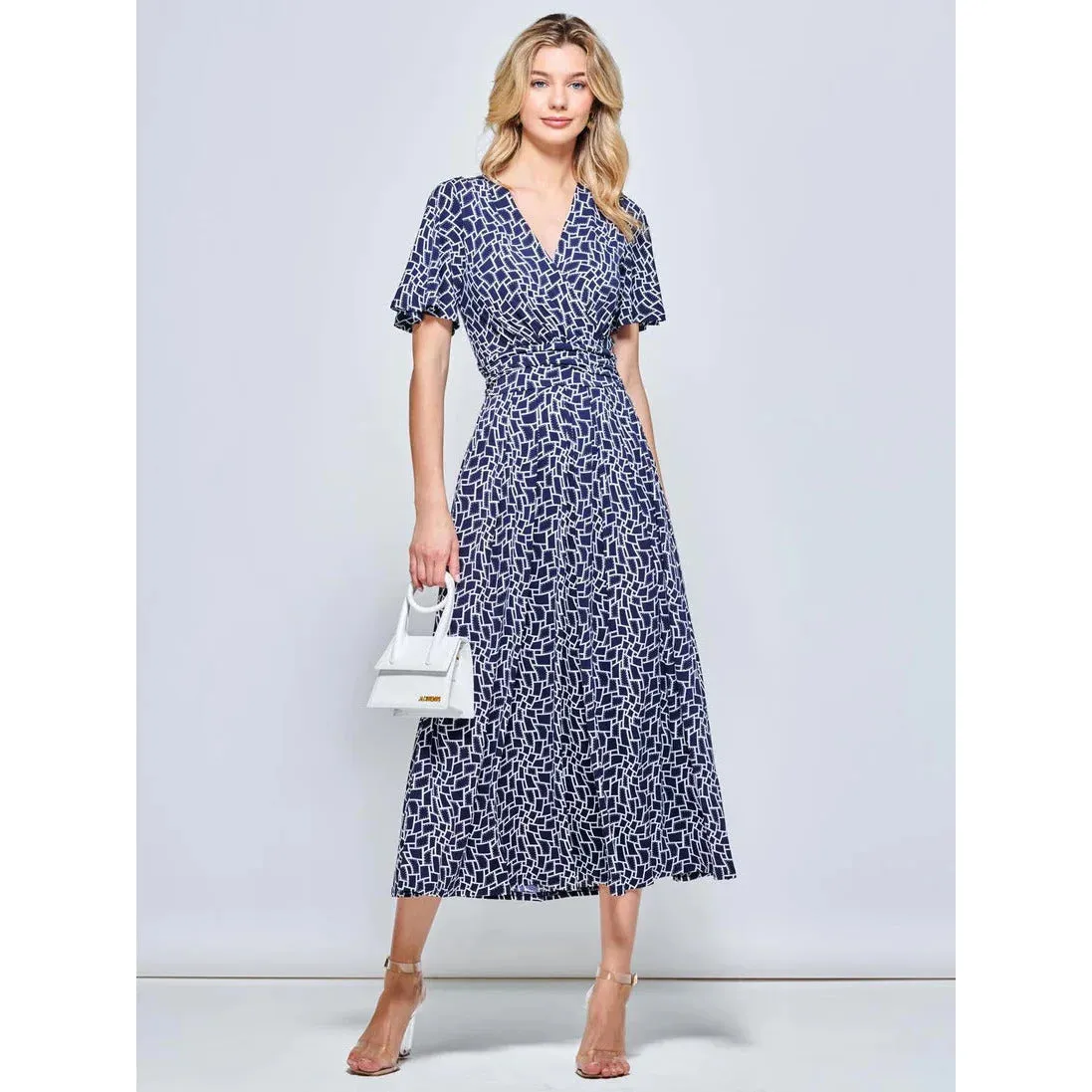 Jolie Moi Angel Sleeve Navy Geometric Print Dress