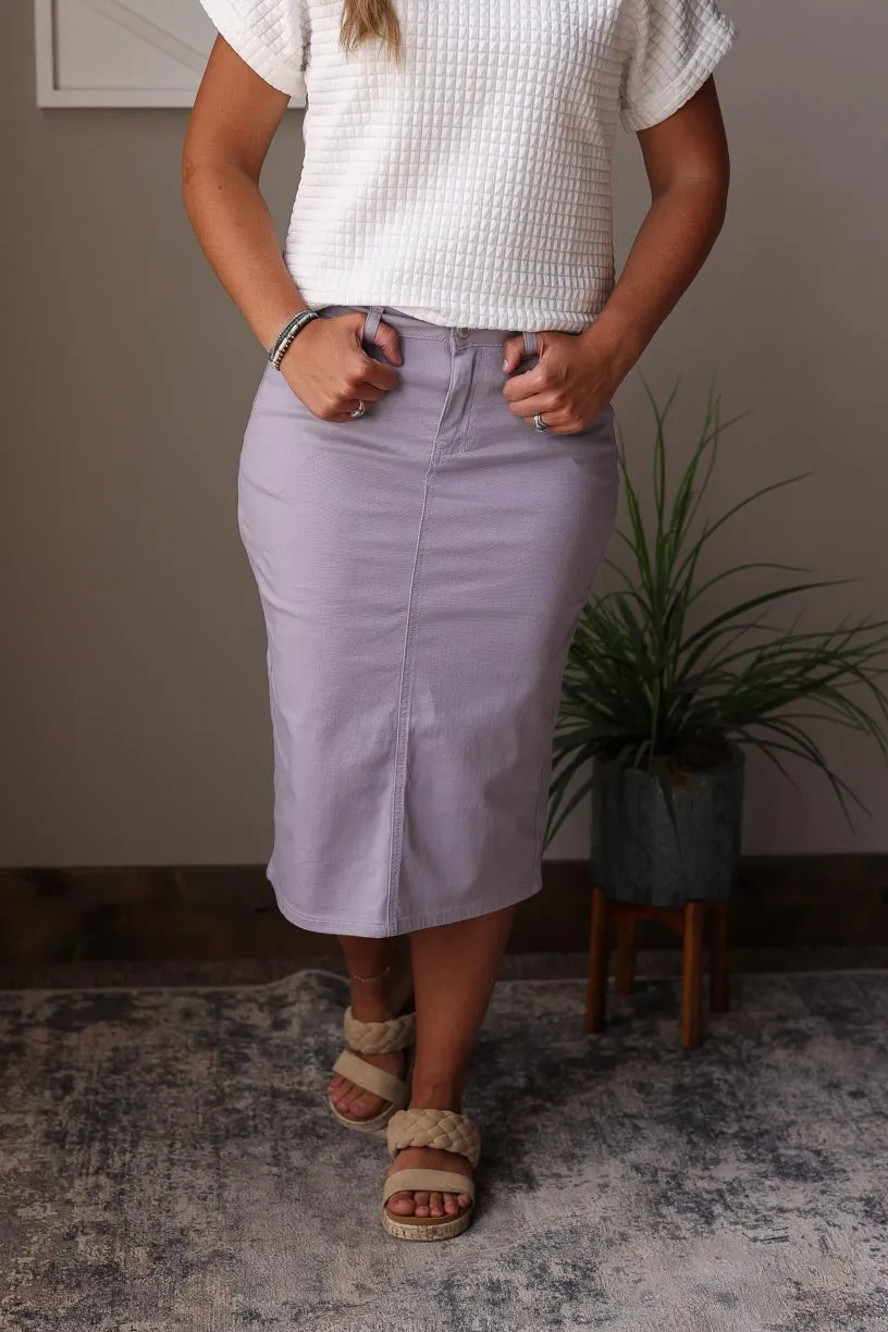 Lila Lavendar Midi Denim Skirt