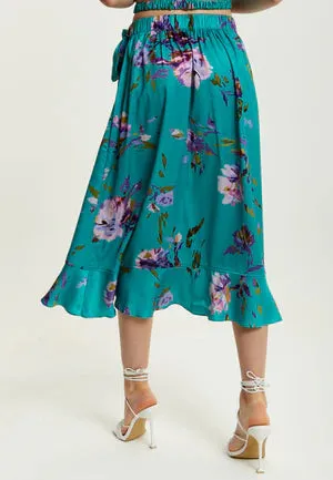 Liquorish Green Floral Print Midi Wrap Skirt