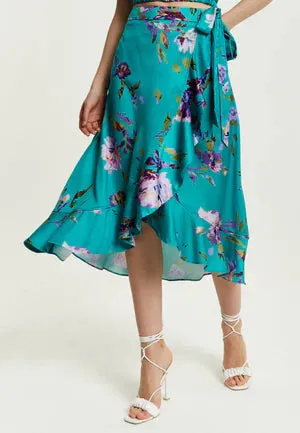 Liquorish Green Floral Print Midi Wrap Skirt