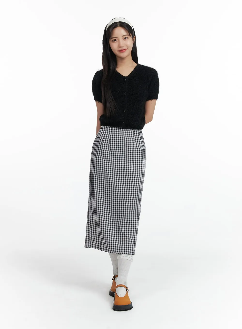 Mid Waist Checkered Maxi Skirt OF416