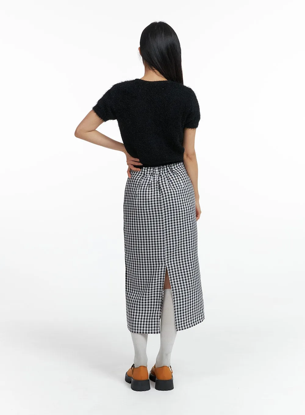 Mid Waist Checkered Maxi Skirt OF416