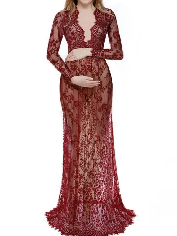 Momnfancy Floral Lace Deep V-neck Photoshoot Plus Size Maternity Dress