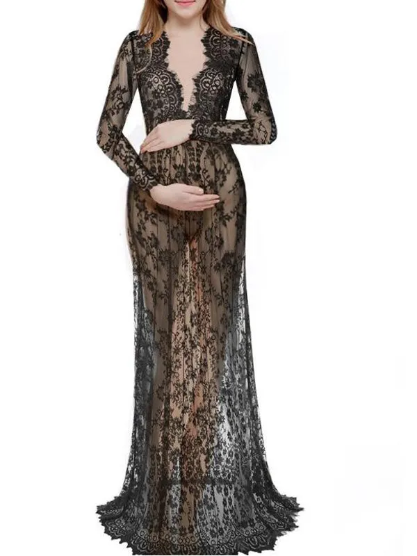 Momnfancy Floral Lace Deep V-neck Photoshoot Plus Size Maternity Dress