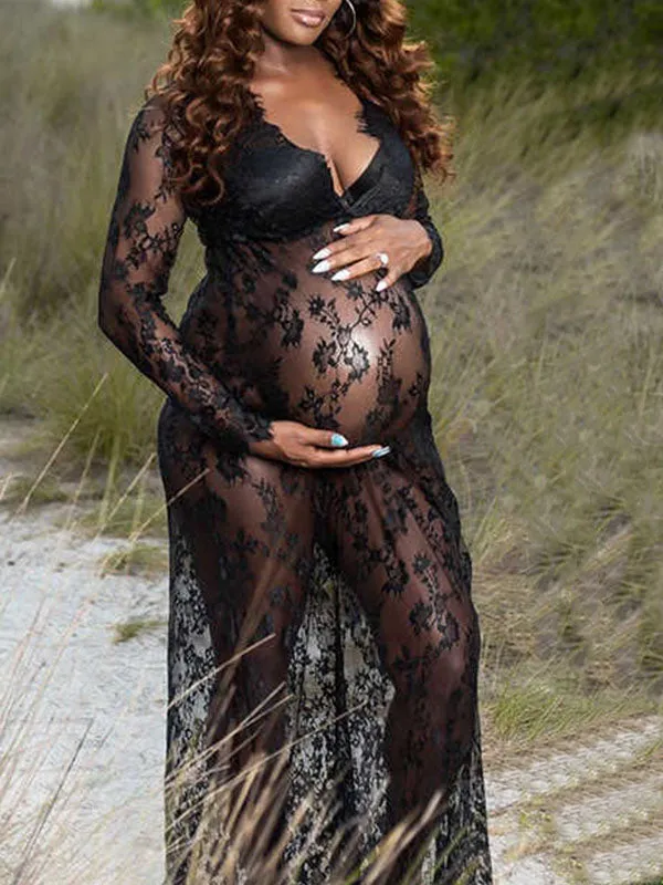 Momnfancy Floral Lace Deep V-neck Photoshoot Plus Size Maternity Dress