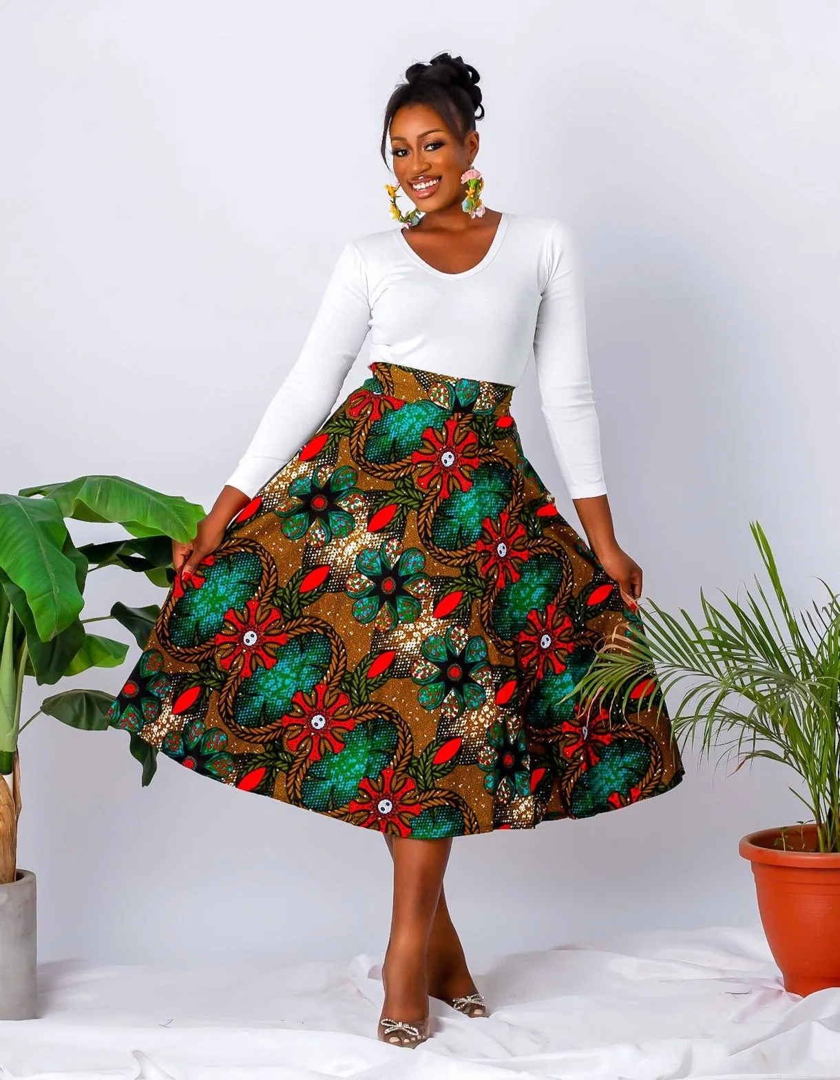 New in African Print Flare Midi Skirt - Olachi