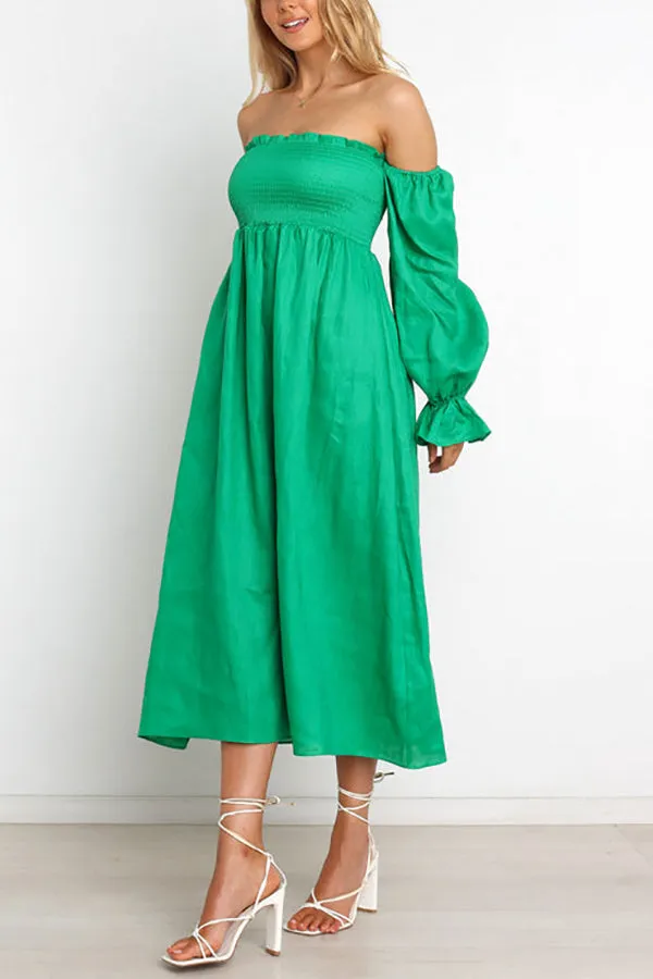 Off Shoulder Smocked Midi Dress