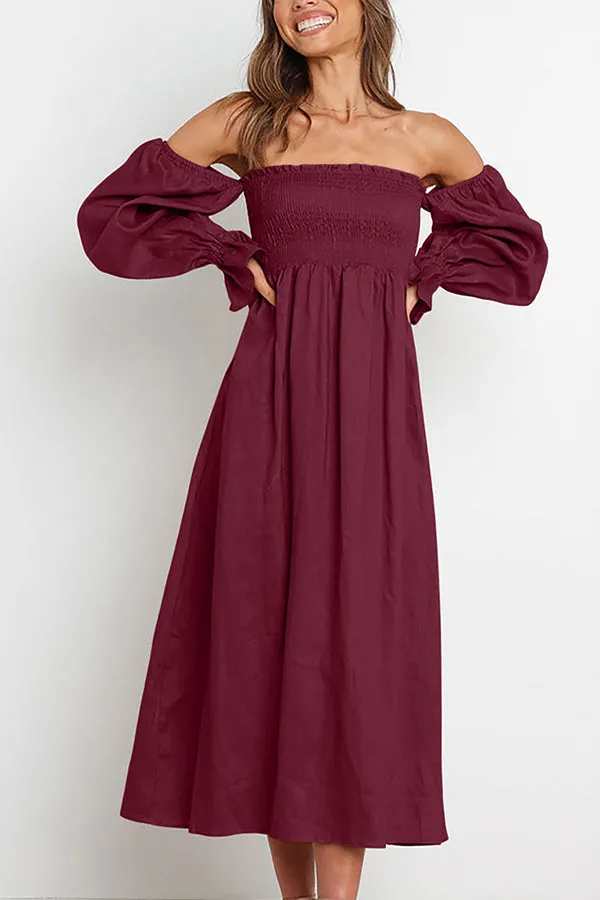 Off Shoulder Smocked Midi Dress