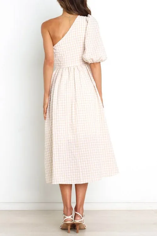 Plaid Puff One Shoulder Midi Dress