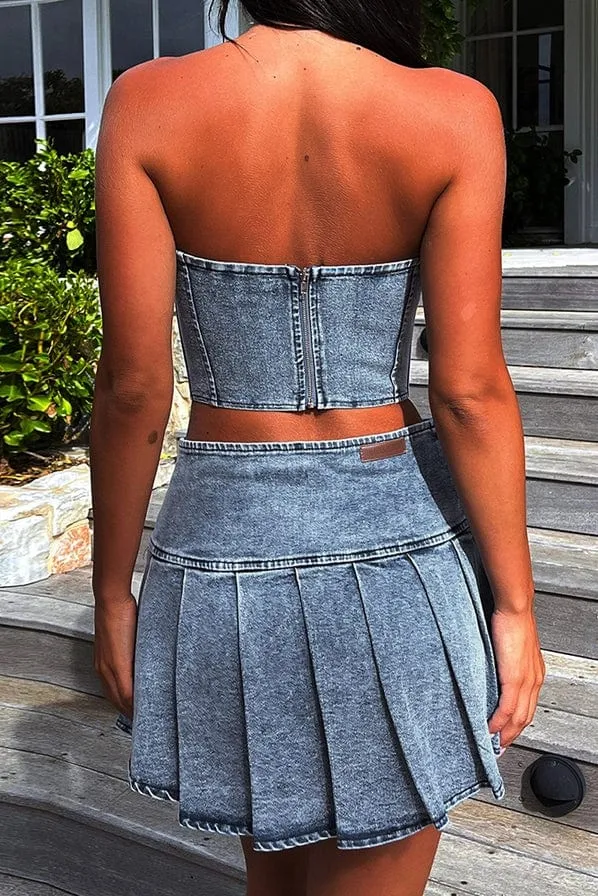 Pleated Women's Denim Skirt Set