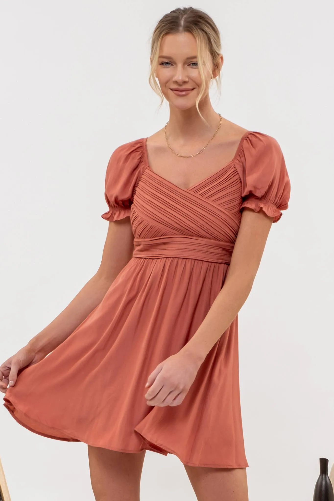 Pleated Wrap Puff Sleeve Tie Mini Dress