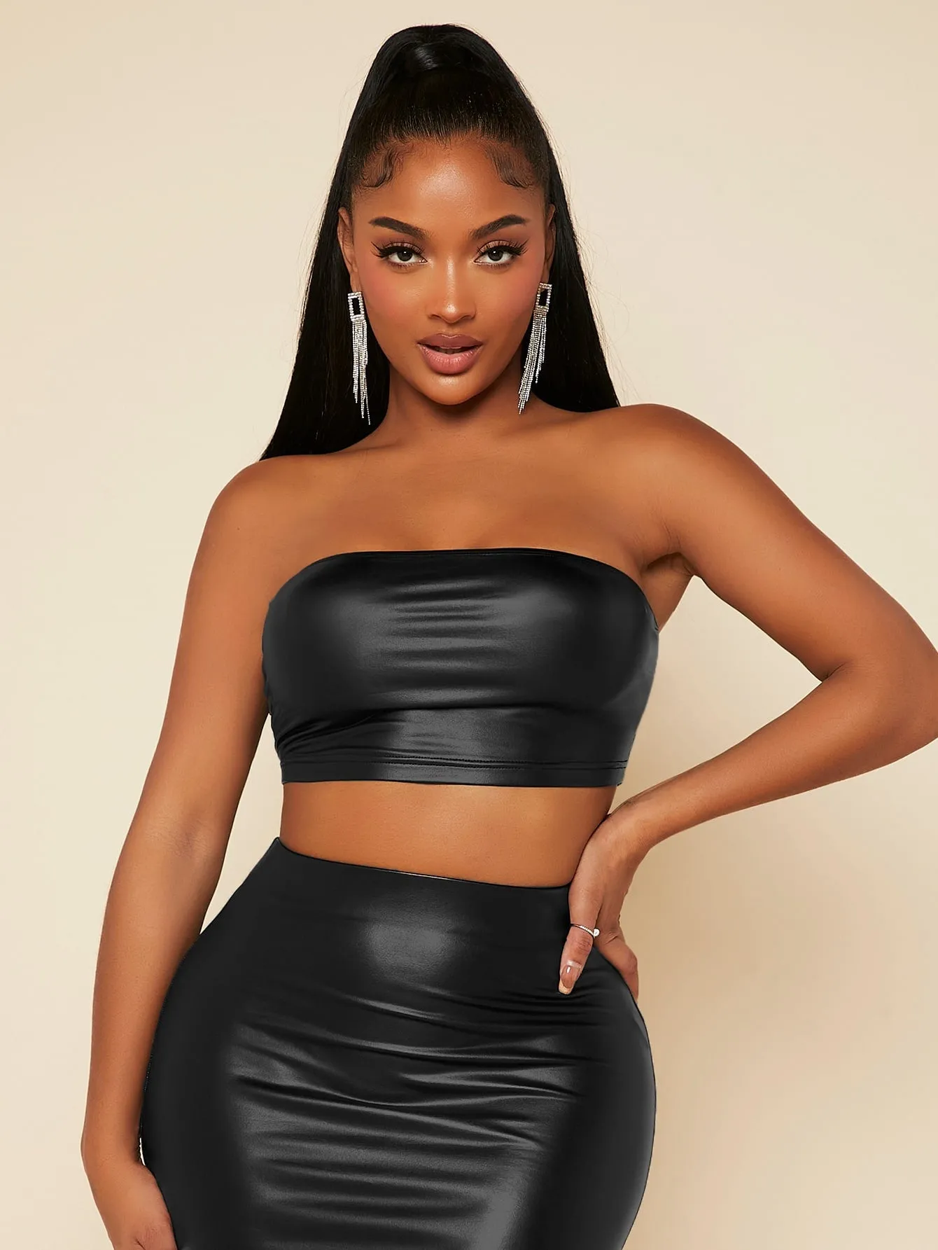 PU Leather Crop Tube Top Pencil Skirt Set