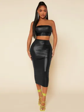 PU Leather Crop Tube Top Pencil Skirt Set