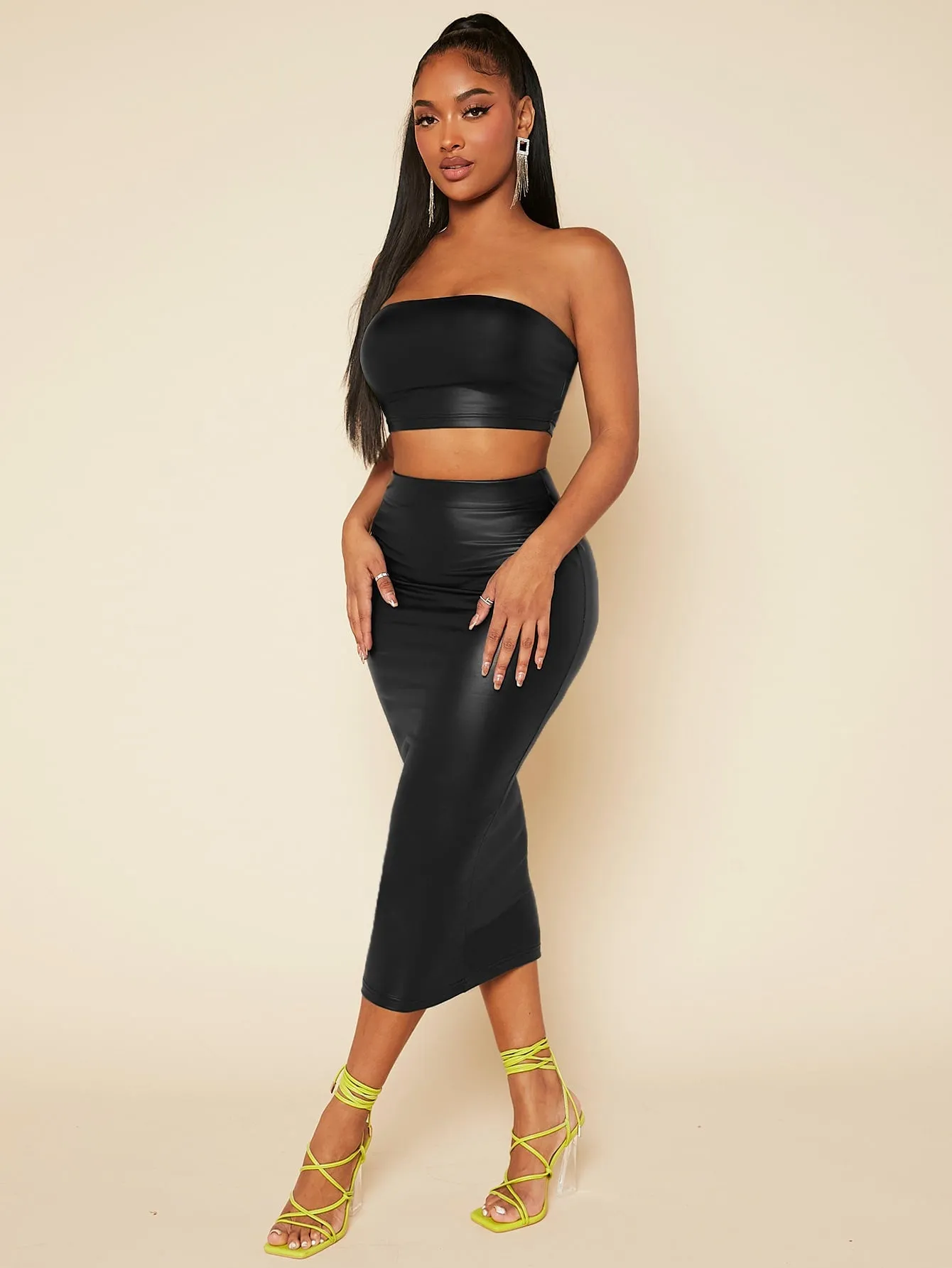 PU Leather Crop Tube Top Pencil Skirt Set