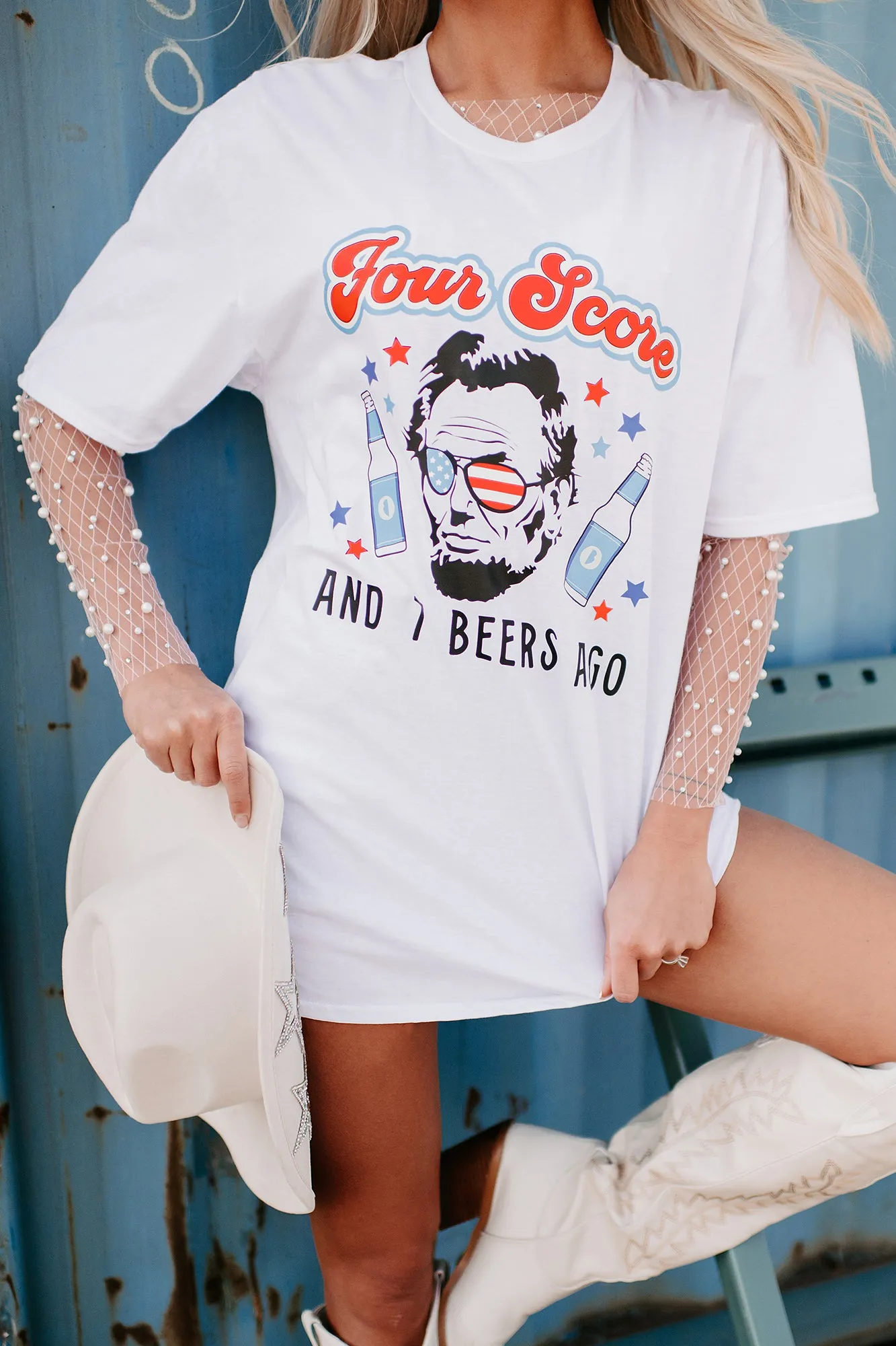 "Four Score And 7 Beers Ago" Graphic T-Shirt (White) - Print On Demand