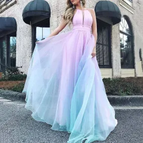 Rainbow Deep Plunge Ombre Gradient Evening Ball Gown Dresses