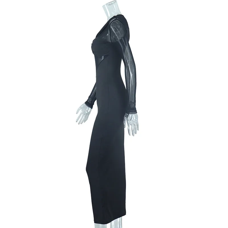 Round Neck Mesh Stitching Long Sleeves Mid Length Tight Dress