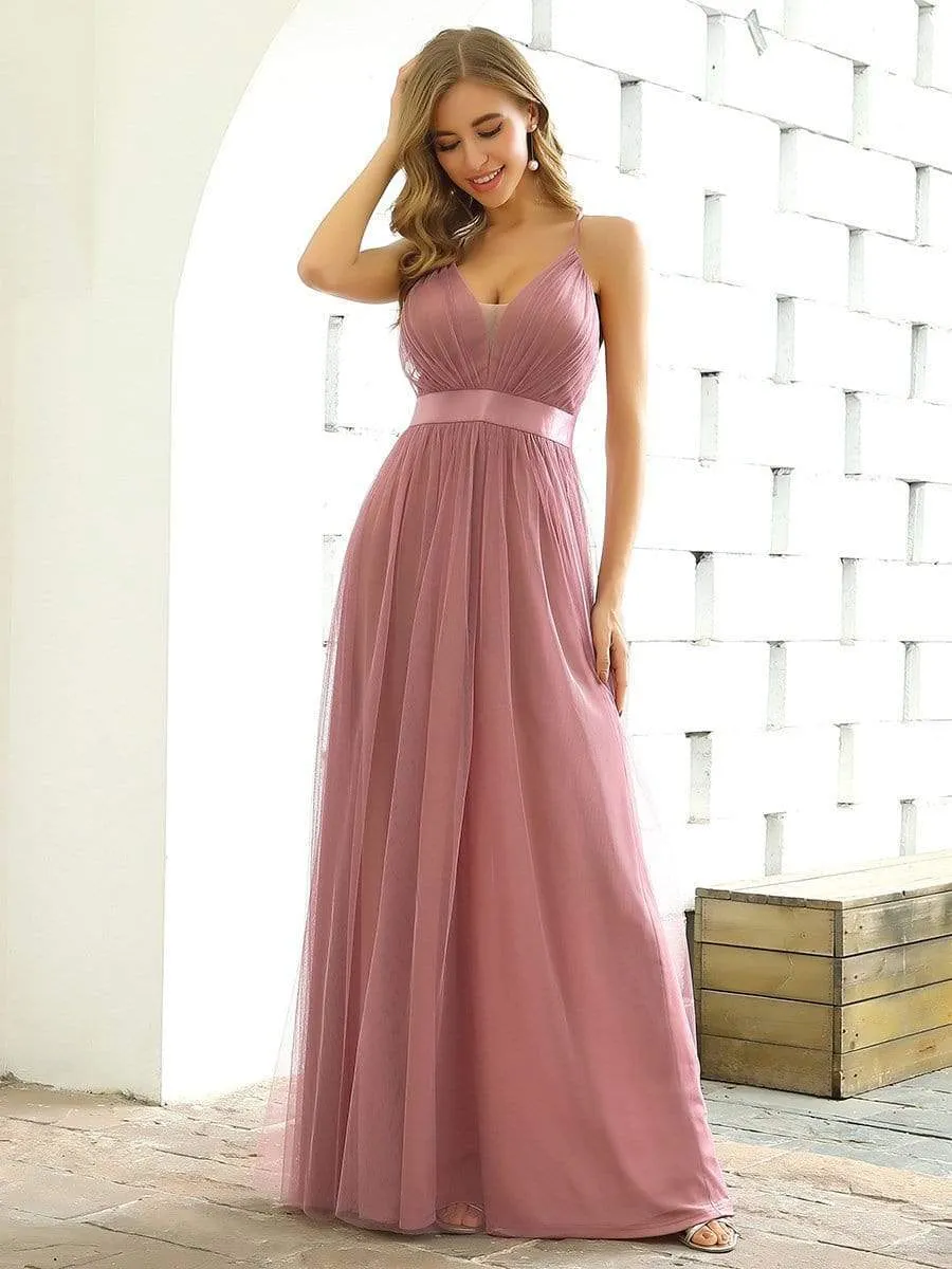 Sexy V-neck Open Back Pleated Maxi Tulle Evening Dresses