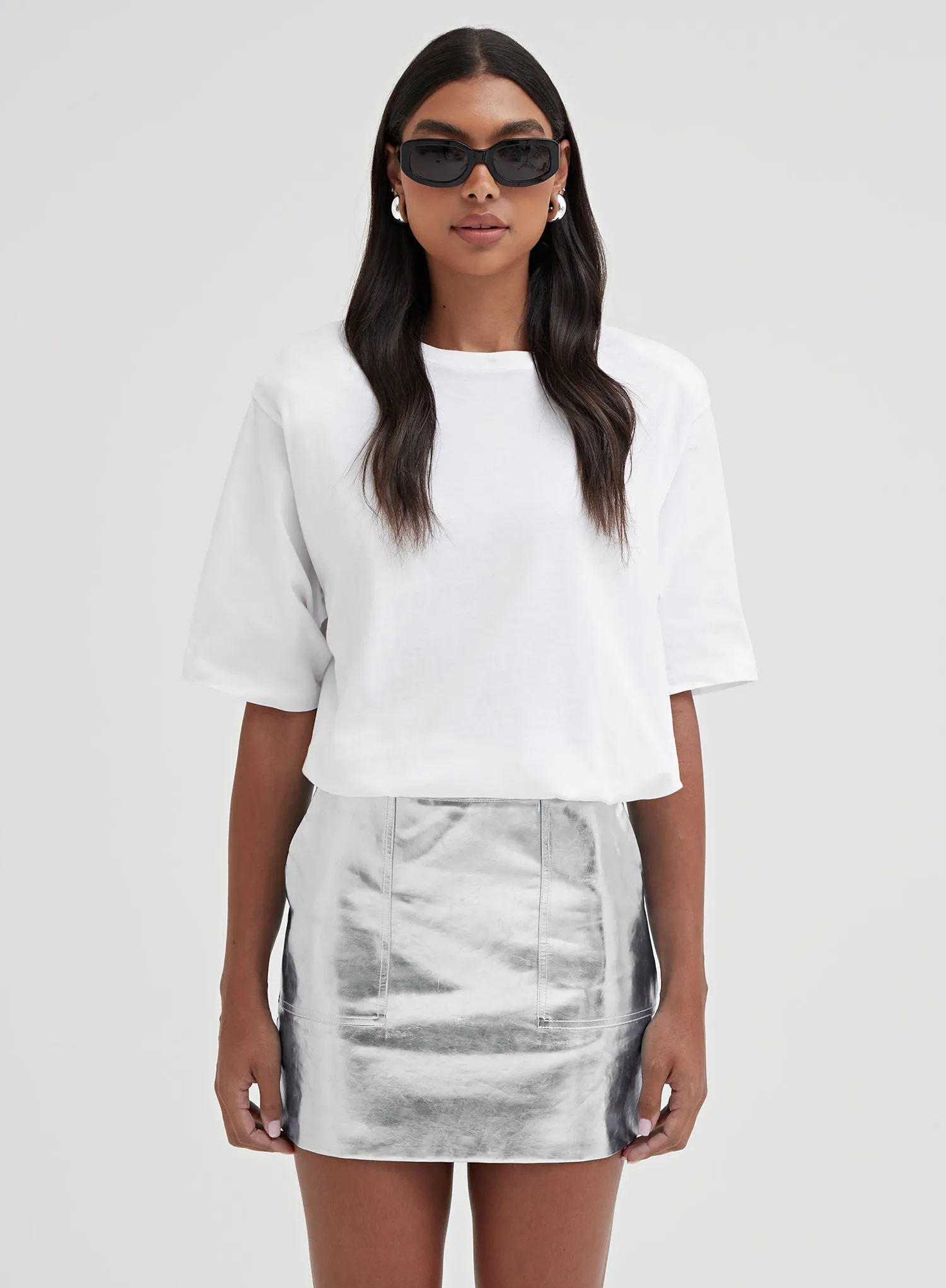 Silver Metallic Faux Leather Mini Skirt - Kiki