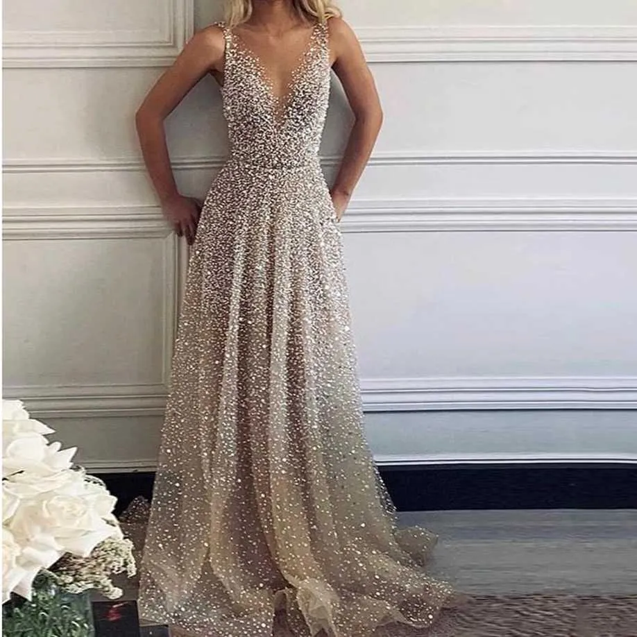 Sparklely Formal Long Silver Sequin Gown Maxi Dresses