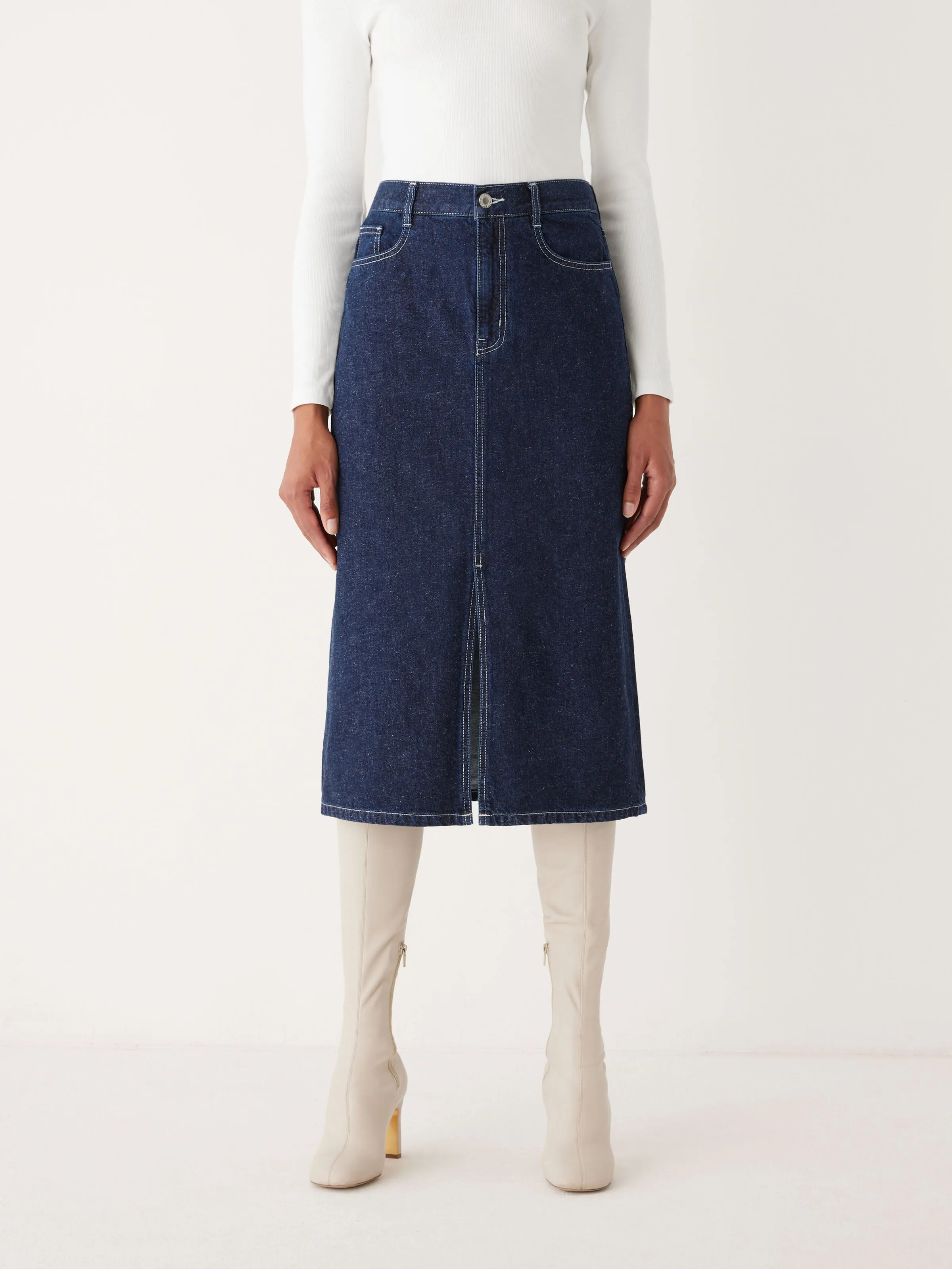 The Denim Midi Skirt in Navy