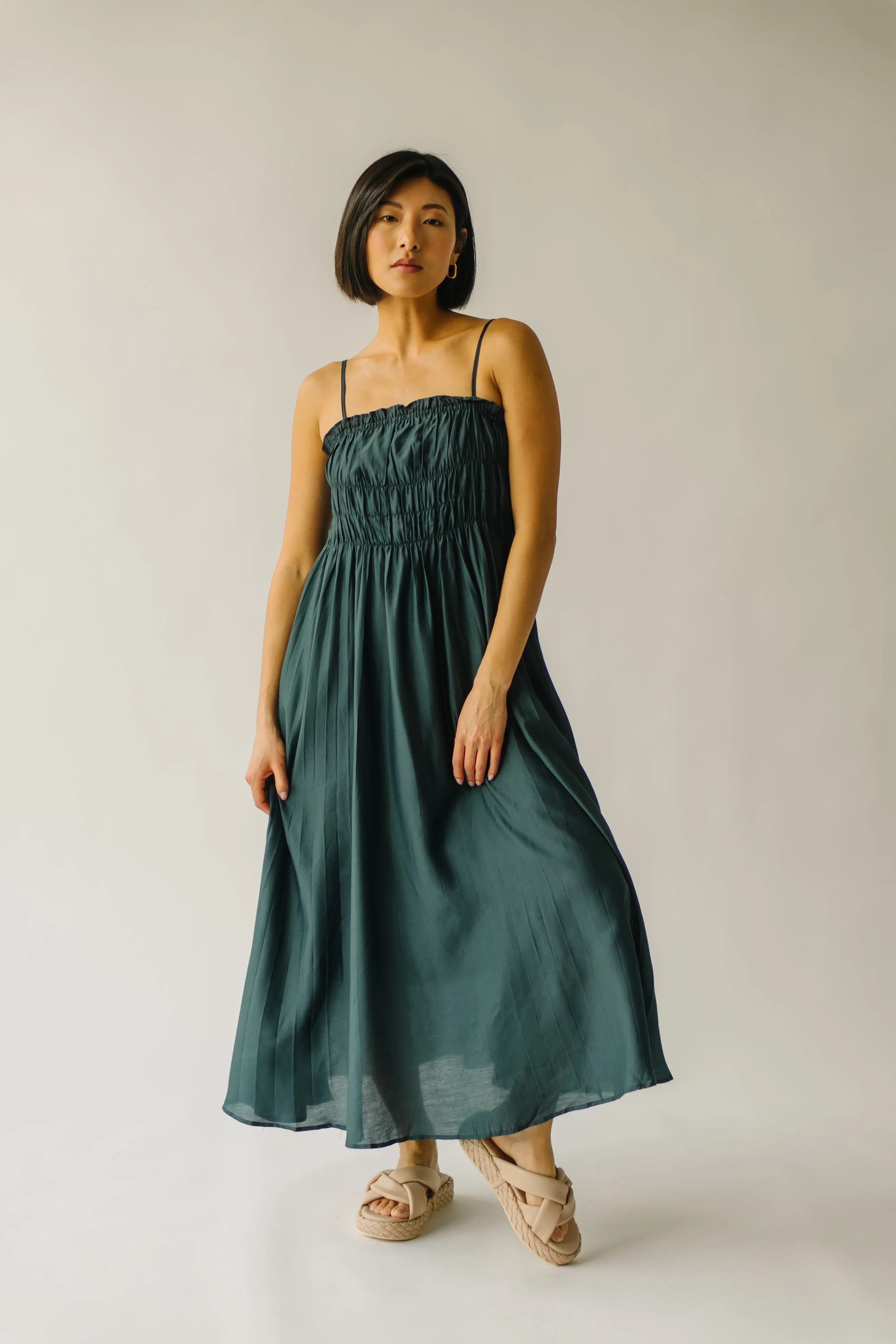 The Frisco Pleated Maxi Dress in Dark Forest