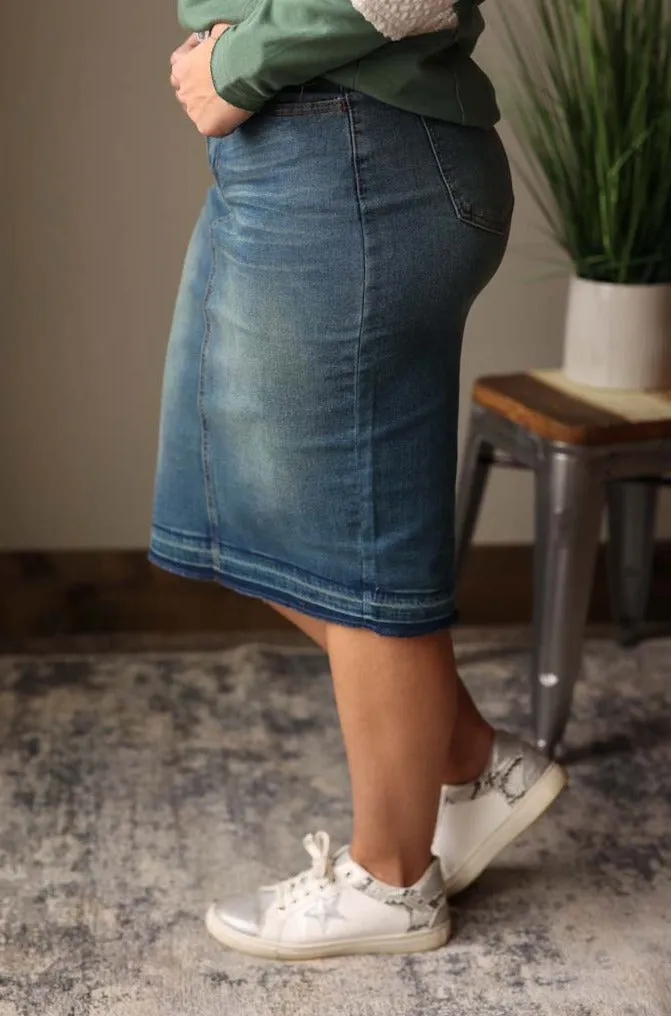 Two Button Fly Pencil Denim Skirt