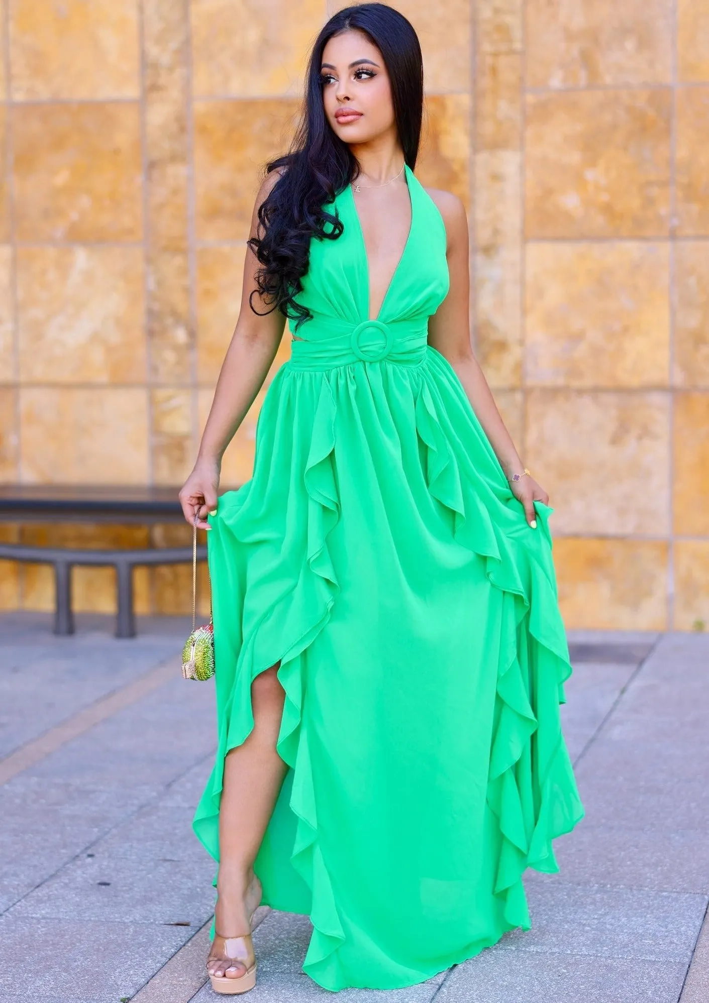 Zaria Sleeveless Deep V Neckline Maxi Dress